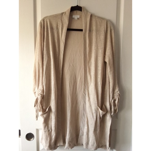 J. Jill Women's Small  100% linen Beige Cardigan With Adjustable Ruched Sleeve - Picture 1 of 10